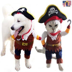 Funny Pet Cosplay Clothes Pirate Costume Dog Puppy Cat Suit w/ Hook Halloween